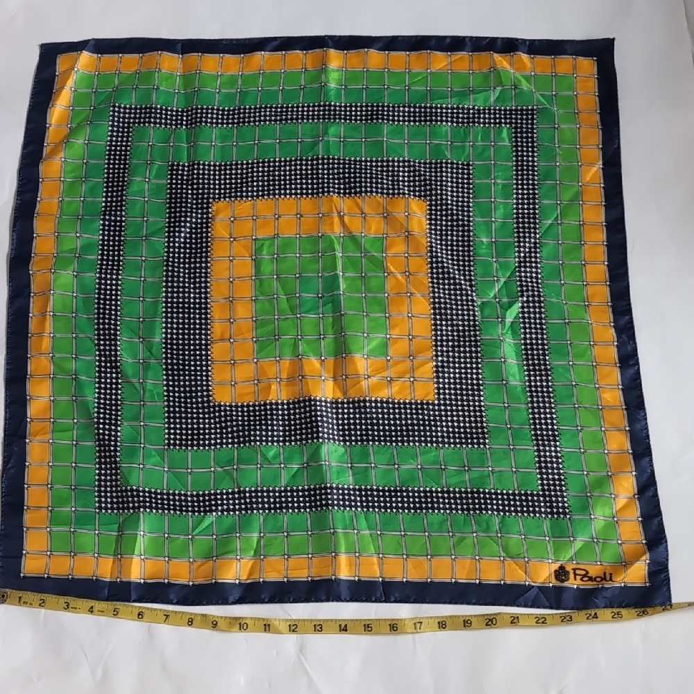 Square Graphic Silk Scarf in Green, Yellow & Navy - Picture 4 of 5